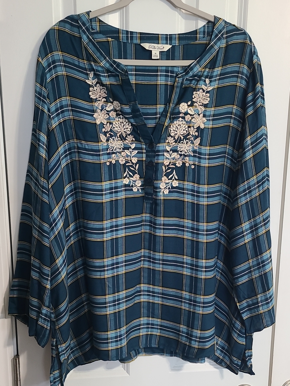 The Pioneer Woman Teal Plaid Tunic with Cream Floral Embroidery - Picture 1 of 5